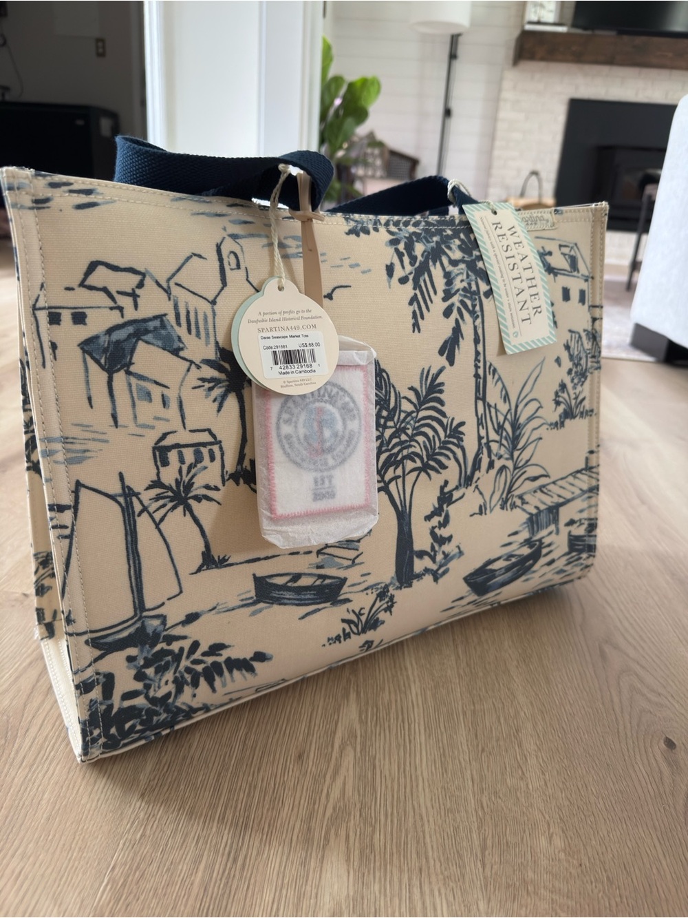 Spartina 449 Beige and Navy Scenic Canvas Tote